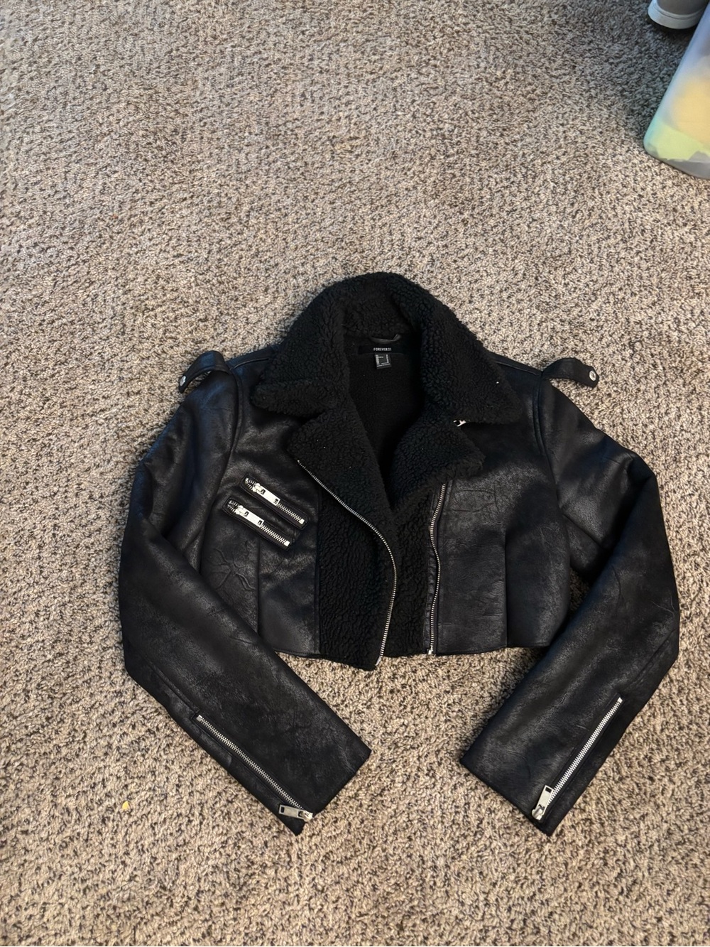 Forever 21 Black Faux Leather Sherpa-Lined Cropped Jacket